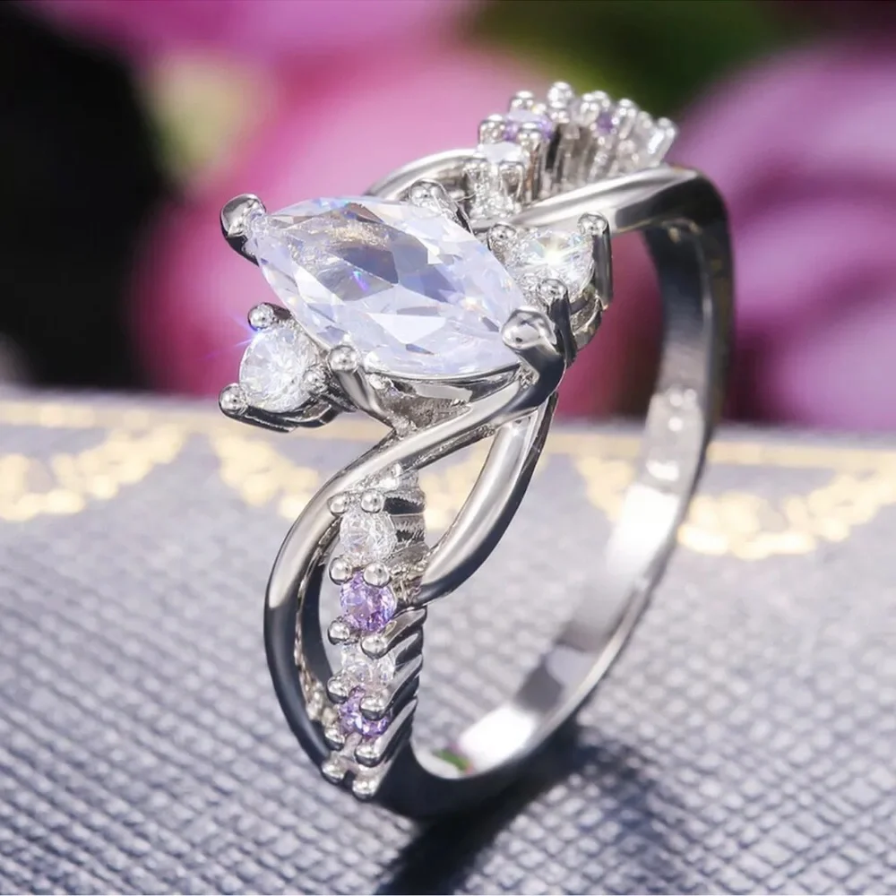 Elegant 925 Silver Jewelry Women Marquise Cut Cubic Zirconia Party Rings - Picture 2 of 5